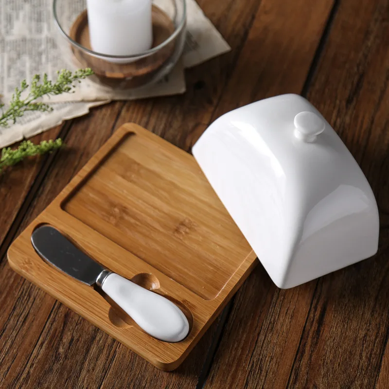 Ceramic Butter Dish Cheese Box Cheese Plate with Butter Knife Set with Cover Kitchen Utensils Wooden Butter Dish Ceramic Cover