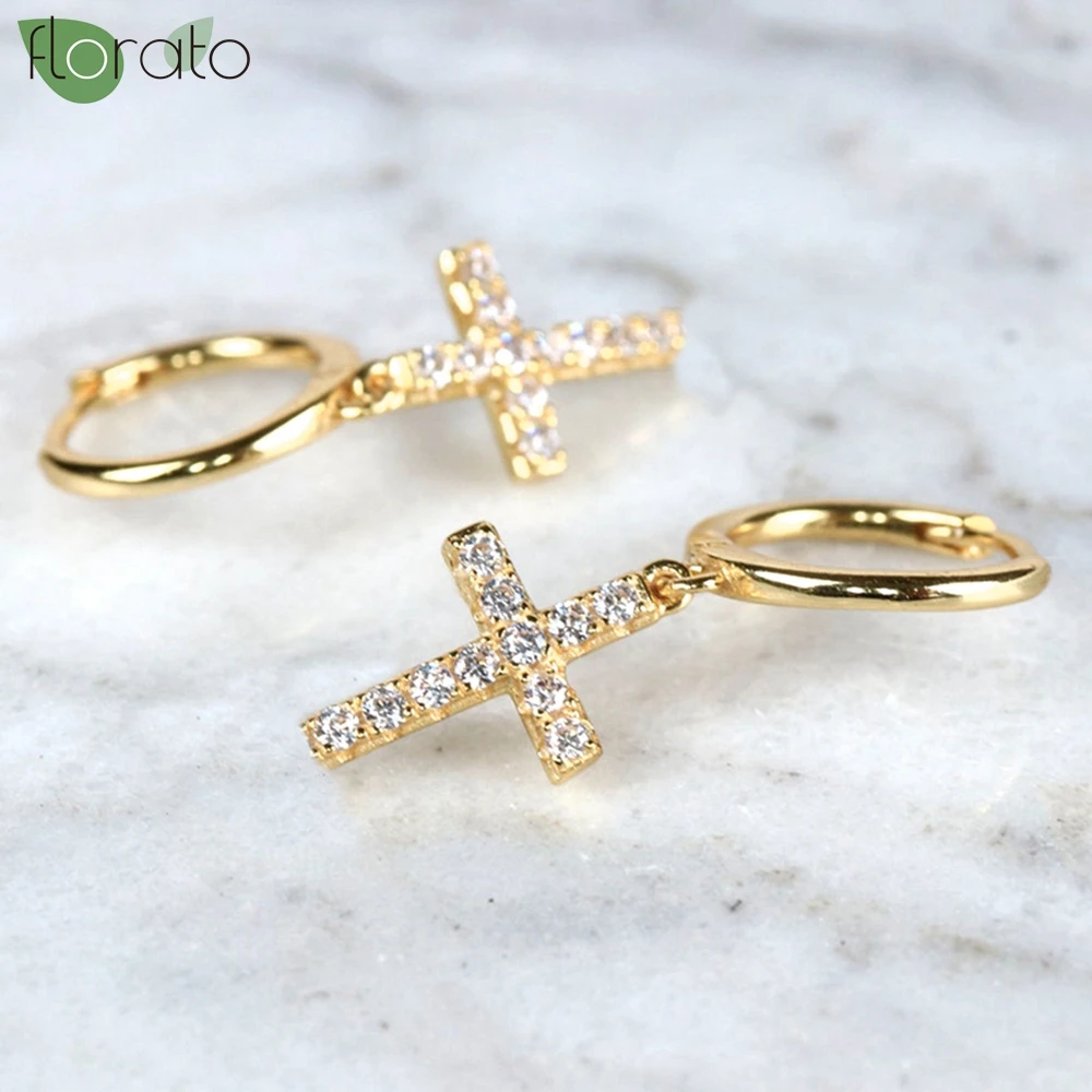 925 Sterling Silver Needle Fashion Cross Pendant Hoop Earrings for Women Vintage Gold Color Small Earrings Luxury Jewelry Gifts