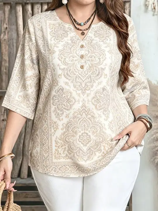 Women Retro Floral & Ethnic Print Blouse For Curvy Figures Notched Neck 3/4 Sleeve Loose Casual Ladies Tops