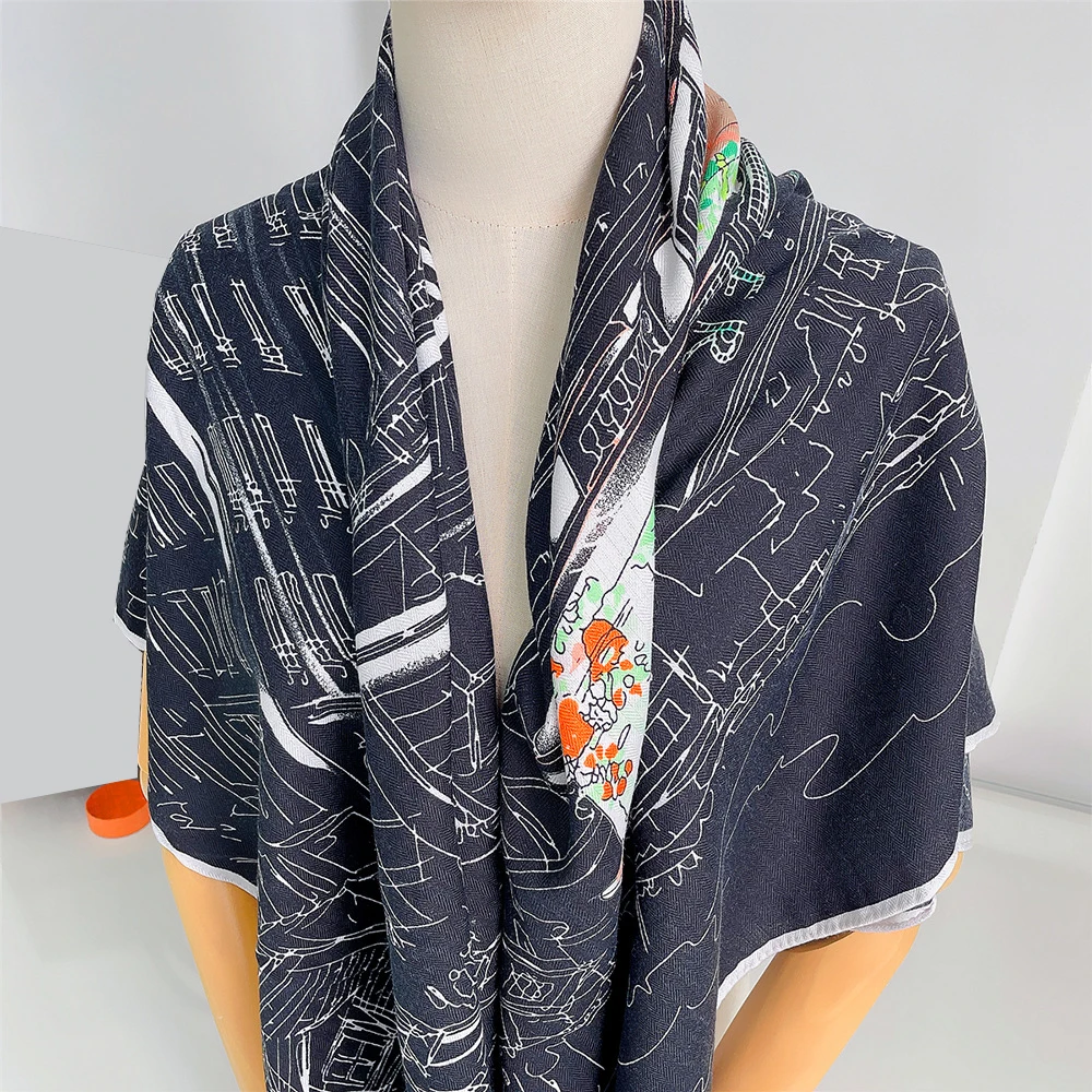 Silk Cashmere Scarf Women Hand Rolled Shawl Night City Print Square Scarves Wraps Bandana Big Hijabs Female Foulard 130CM