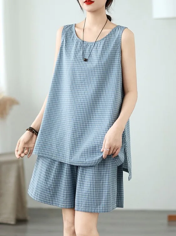 

Summer 2026 Fashion Cotton Linen Plaid Slimming Two-Piece Set Sleeveless Loose Tank Top Wide Leg Shorts Women's Clothing