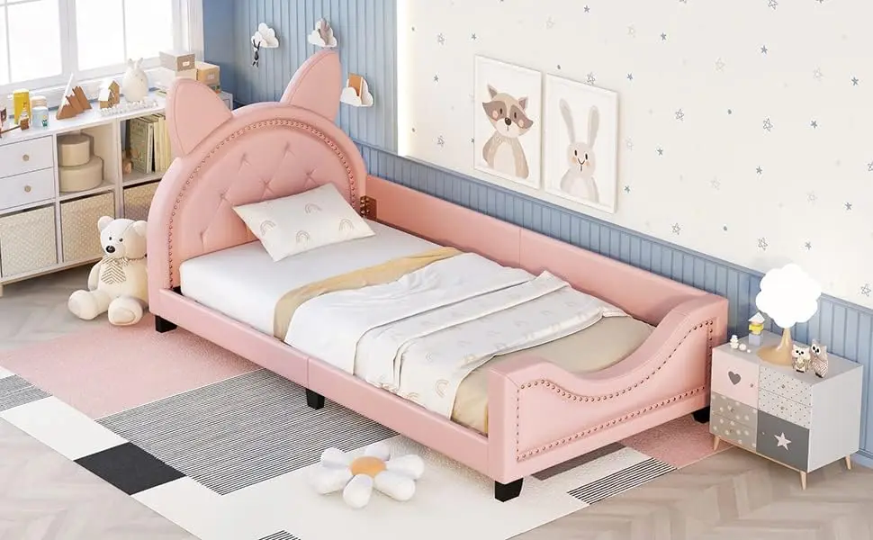 Estrutura de cama com plataforma de madeira de tamanho duplo com cabeceira em forma de casa para meninos, meninas, crianças pequenas (rosa)