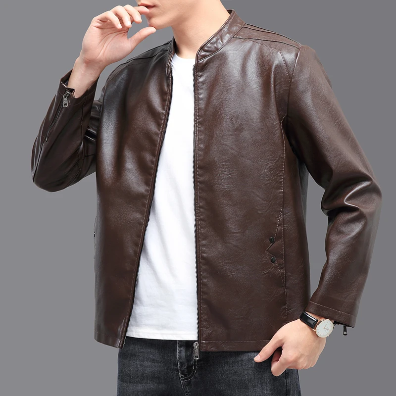 

Men Motorcycle PU Leather Jacket Thin Solid Color Stand Collar Slim Fit Handsome Coat Men Fashion Casual Windproof Outerwear