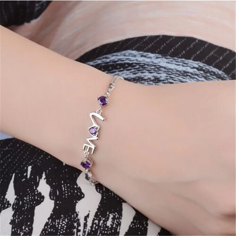 925 Sterling Silver Bracelet Heart Love Round Cubic Zirconia Double Chain Linked For Women Charm Bangle Jewelry Christmas