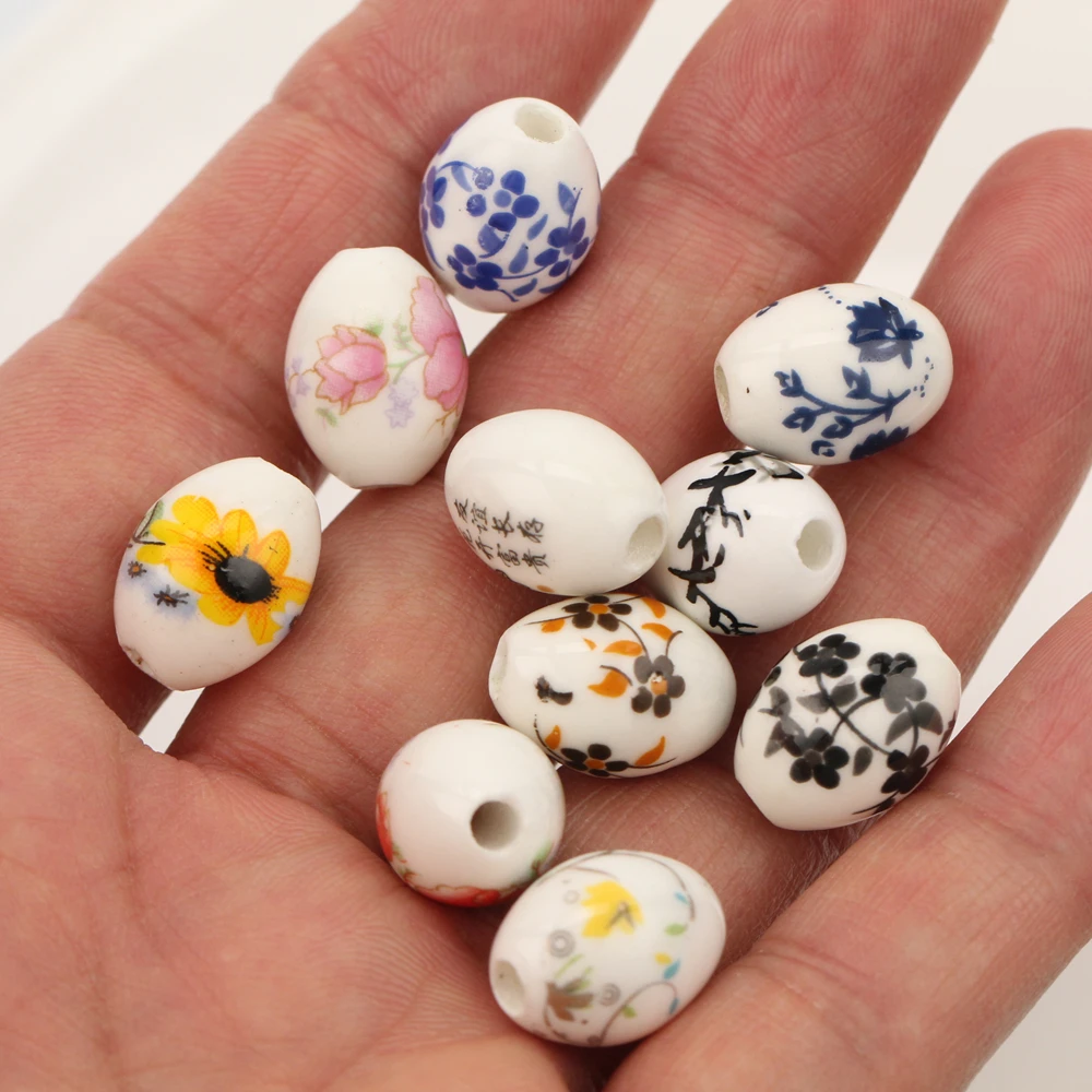10 قطعة 15x10 مللي متر شكل بيضاوي زهرة أنماط السيراميك الخزف فضفاض الحرف الخرز مجموعة لصنع المجوهرات اكسسوارات Findings بها بنفسك النتائج