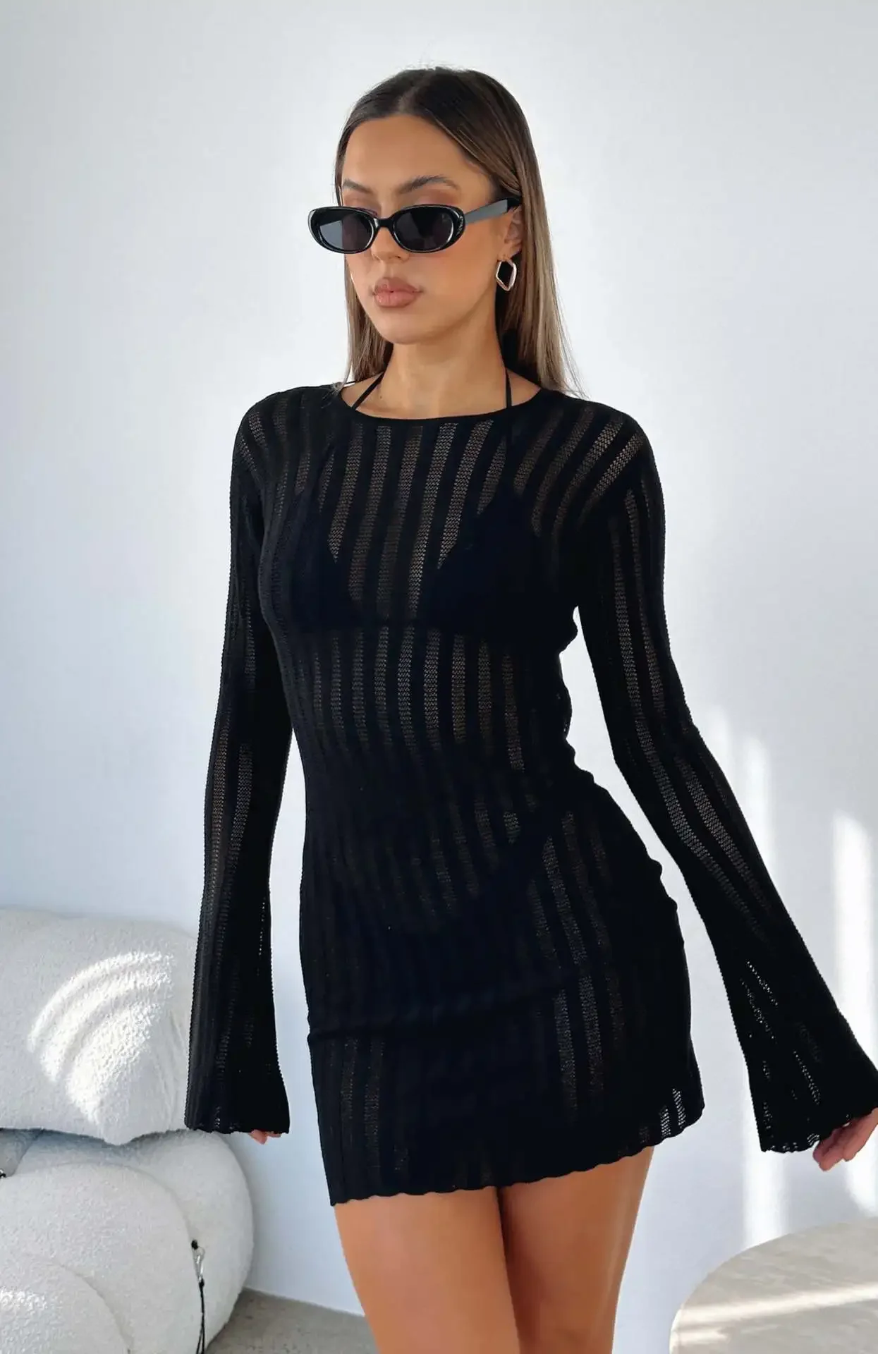 Women's Solid Color Sexy Long Sleeved Lace Up Perforated Sweater Dress for Autumn 2024