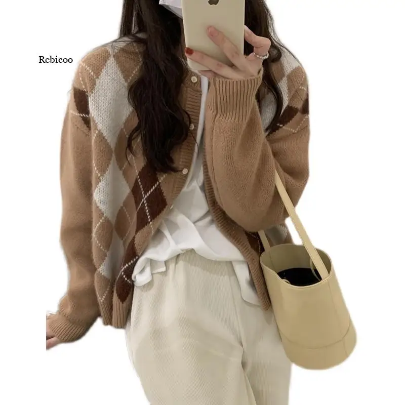 Vintage Plaid  Cardigan Sweater Coat Autumn Korean Style Knitted Sweater Women Check Long Sleeve Loose Pull Femme