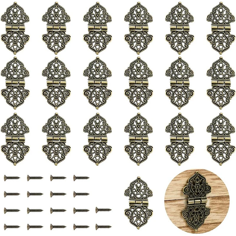 20 Pieces Antique Decorative Hinges Bronze Engraving Design Box Hinges - Jewelry Box Hardware for Vintage Wooden Cases
