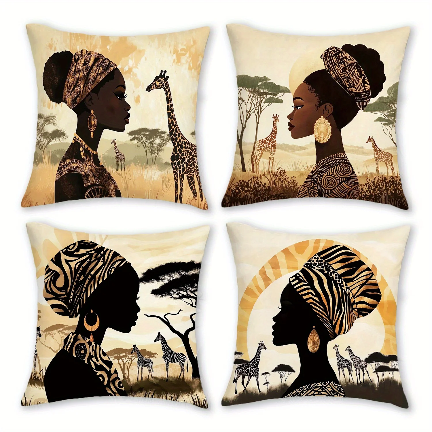 

4 шт. наволочки с африканскими женскими мотивами, бархатные, из полиэстера, этнические, в стиле сафари, декоративные, для дома