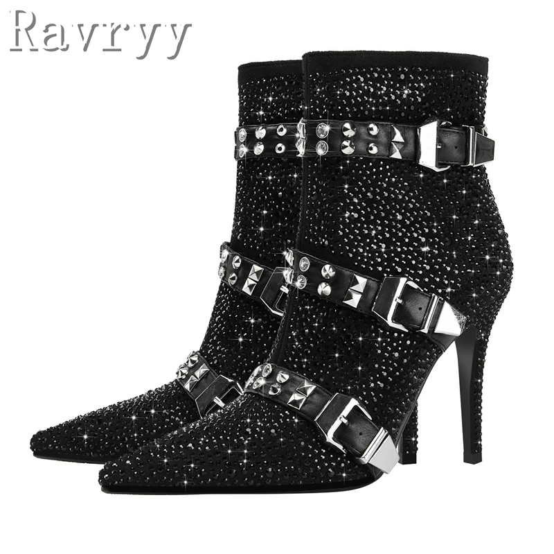 

Bling Rhinestones Belt Buckle Rivet Black Boots Women Winter Fashion Pointed Toe Thin High Heel Side Zipper Ankle Boots