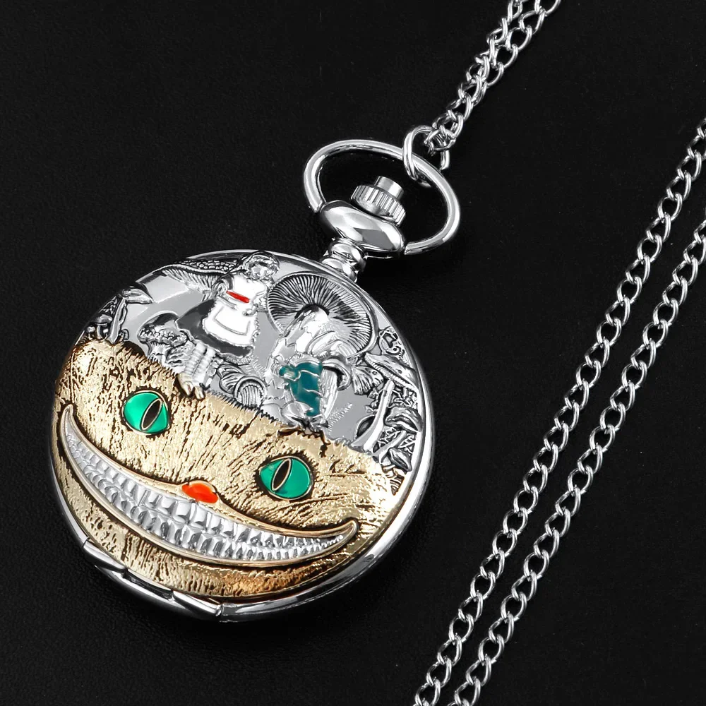 Silver Cute funny Cat design Retro Time Gemstone Quartz Pocket Watch Fashion Pendant Necklace for Men, Women and Children Gift