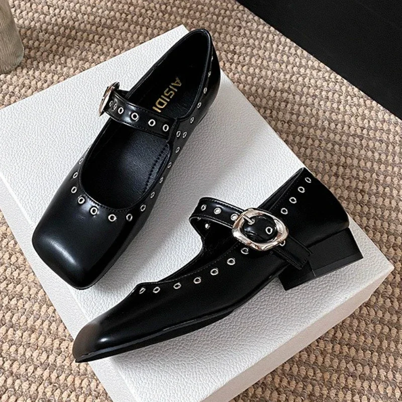 Retro Rivet Low Heel Mary Jane Shoes Women Autumn New Leopard Square Toe Ballet Shoes Fashion Buckle Design Casual Loafers