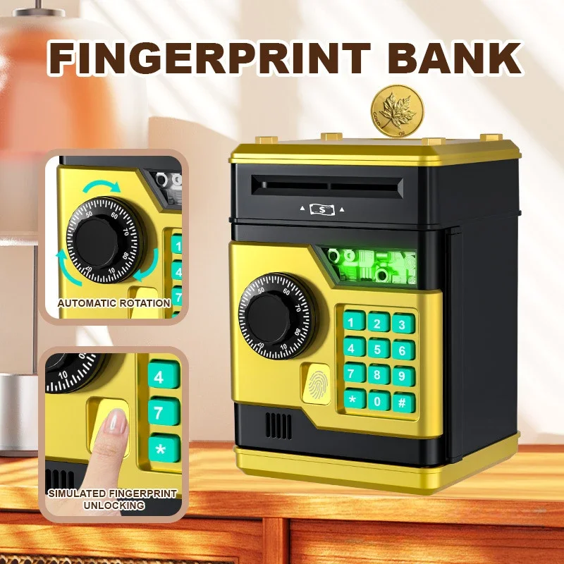 13.5x12.3x19cm ABS Coins And Bills Bank Safe Gold/Black/Pink/Blue with ATM Function Automatic Rotation Banknote Storage Tank