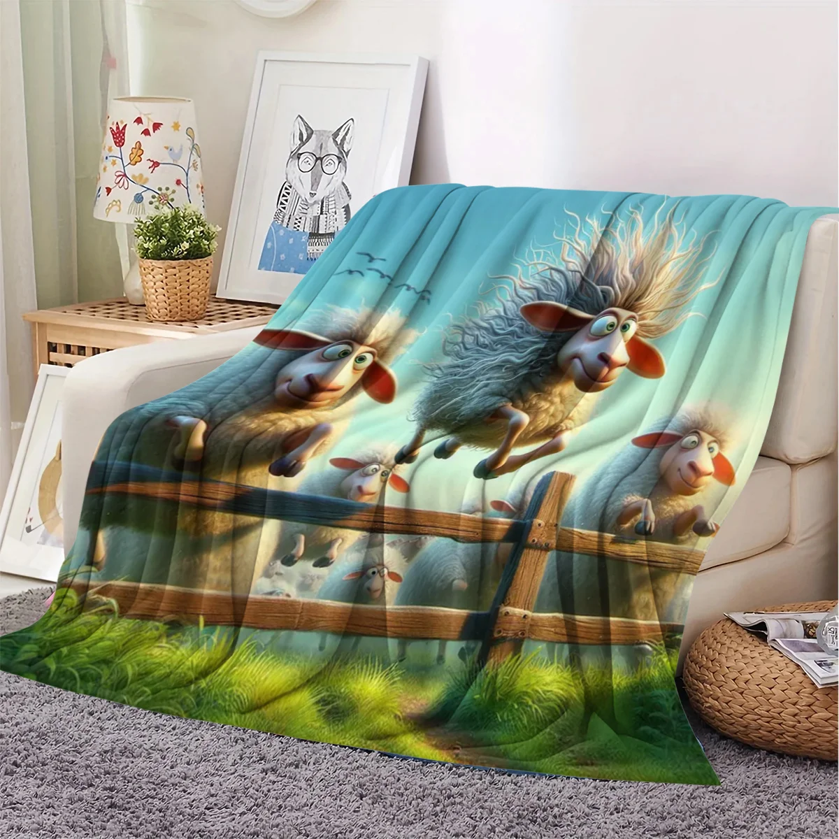 Three Little Sheep Pattern Blanket, Flannel Air Conditioning Blanket for Dormitory and Office Nap, Printed Blanket, Gift for Fri