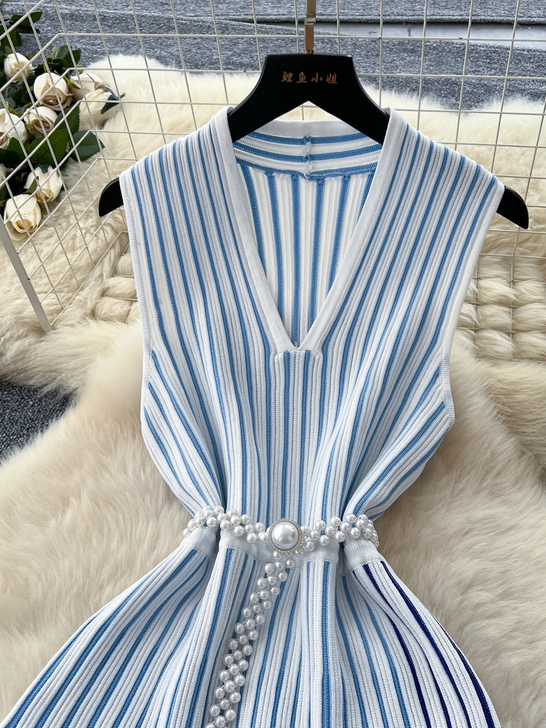 Ele Knitted Stripe Svel Dr Women's Summer Asymmetrical Collar Belted Light Maturi Long Skirt High Waist A-Line