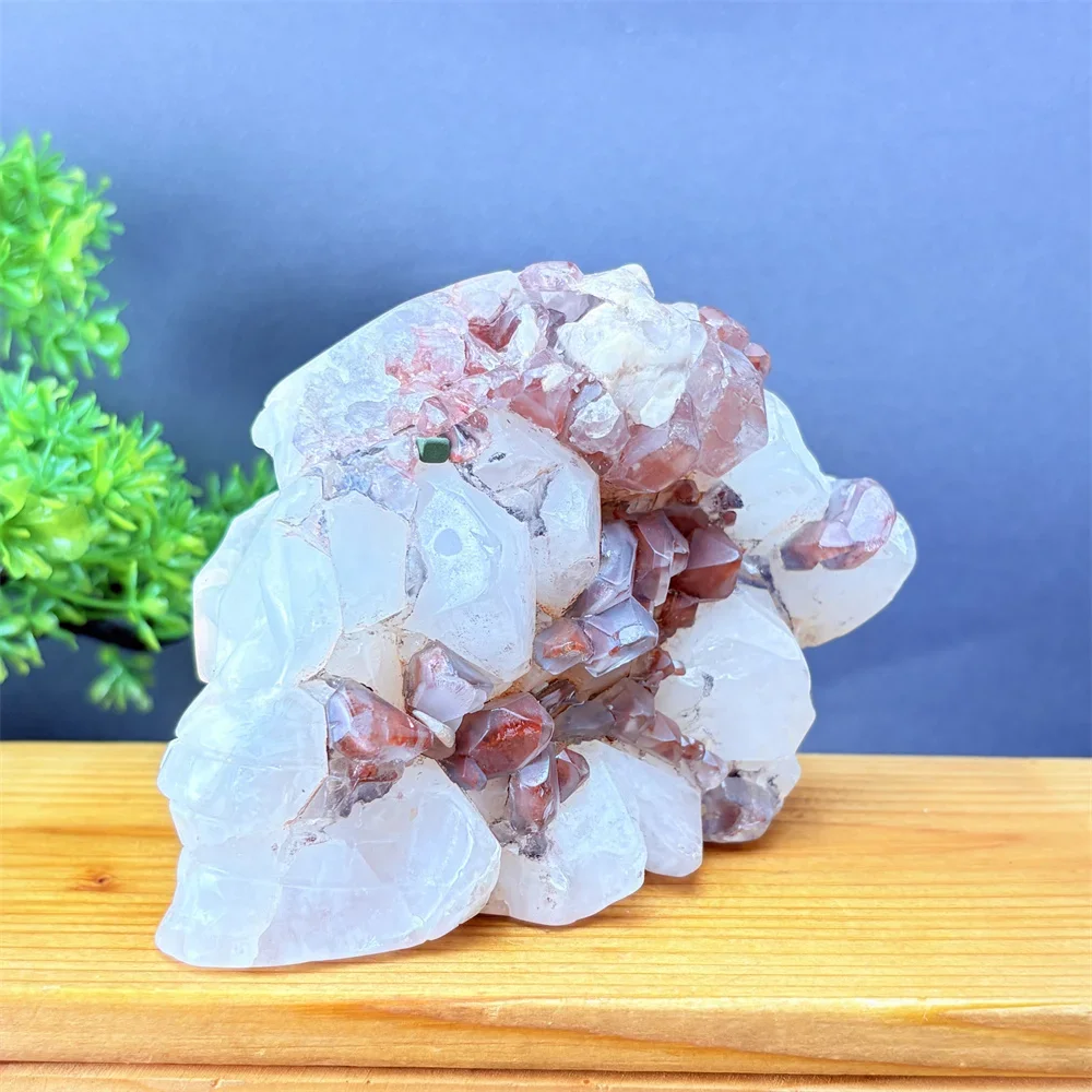 Natural Rare Quartz And Ruby Symbiotic Mineral Crystal; Purely Hand-carved Skull For Halloween, As A Home Decoration.