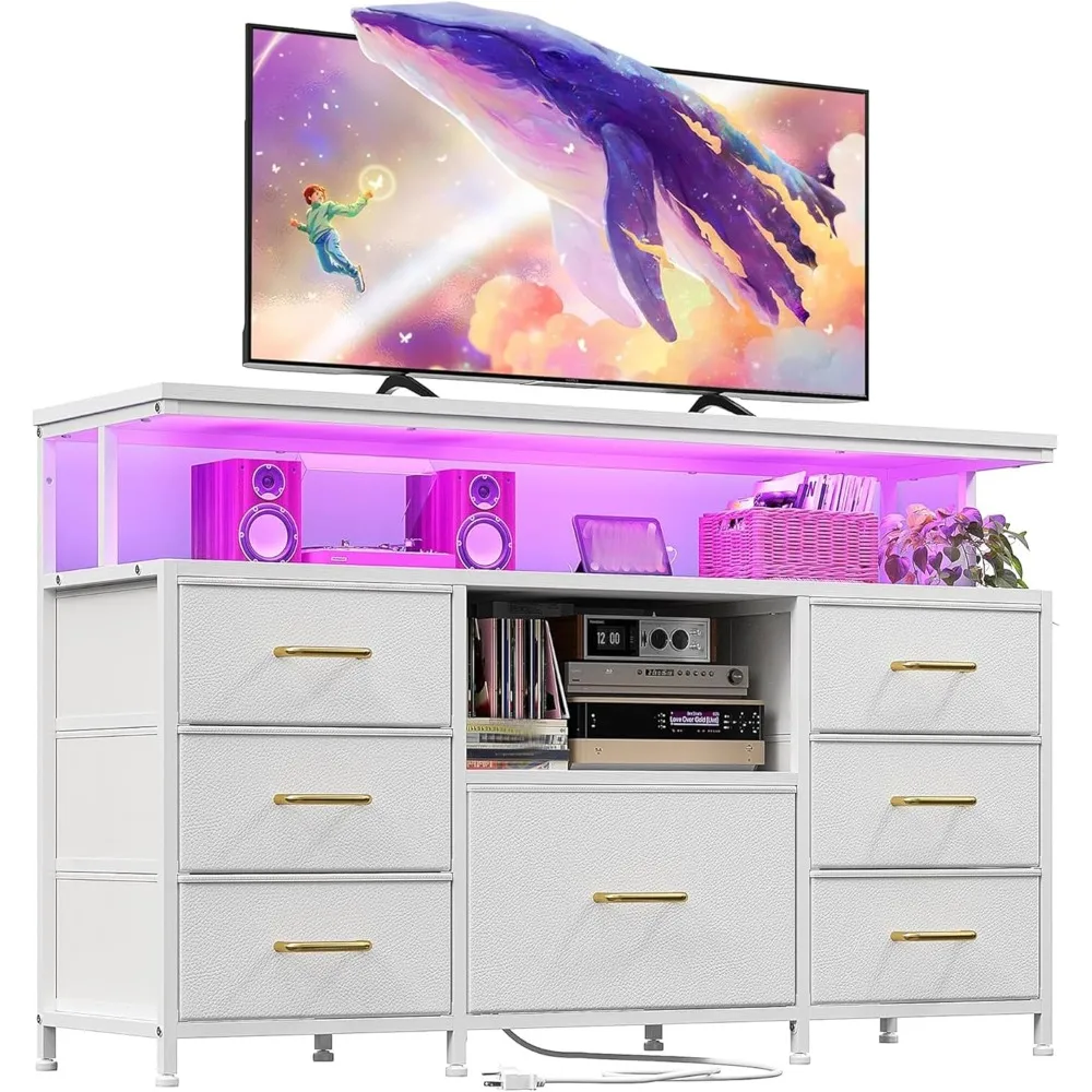 Dresser TV Stand for Bedroom with LED Lights & Power outlets for 55