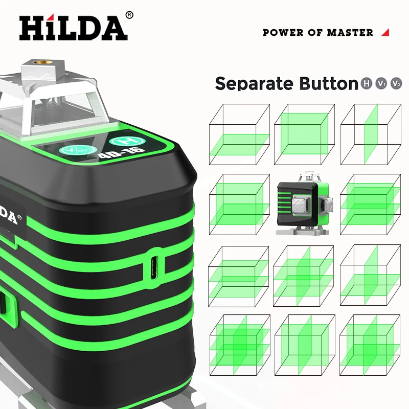 HILDA Laser Level 12/16 Lines 3d/4d Self-leveling 360 Horizontal And Vertical Cross Super Powerful Portable Green Laser