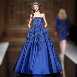 Abiti da sera senza spalline blu Navy abiti da festa Sexy in taffetà di seta reale con perline di paillettes Tony Ward personalizzati per le donne