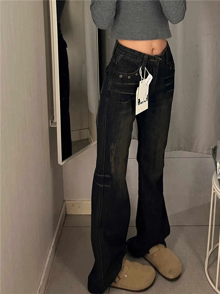 Women's Low Rise Jeans Gyaru Flared Denim Pants American Retro Skinny Jeans Korean Y2k Japanese Bell Bottom Y2k Harajuku 2000s