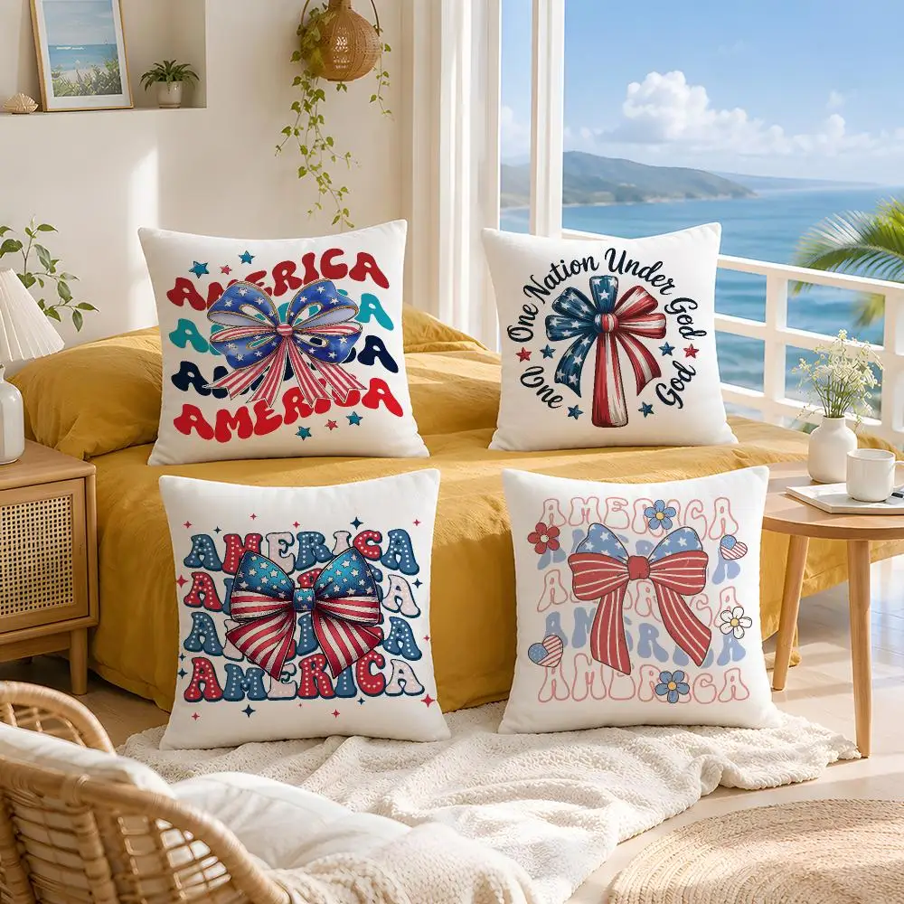 Independence Day Bow Cushion Cover Throw Pillow Short Plush Fresh Natural Cushion for Living Room Sofa Ornament Present Gift