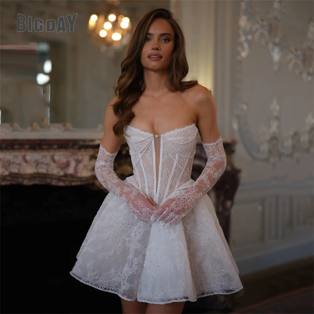 

BIGDAY Lace Short A-Line Wedding Dress Pleat Pearls V-Neck Open Back Lace-up Above-Knee Bridal Gown Vestido De Noiva Customized