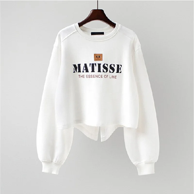 American high street irregular split sweatshirt ins trend letter balloon sleeves languid round neck long sleeve short top woman