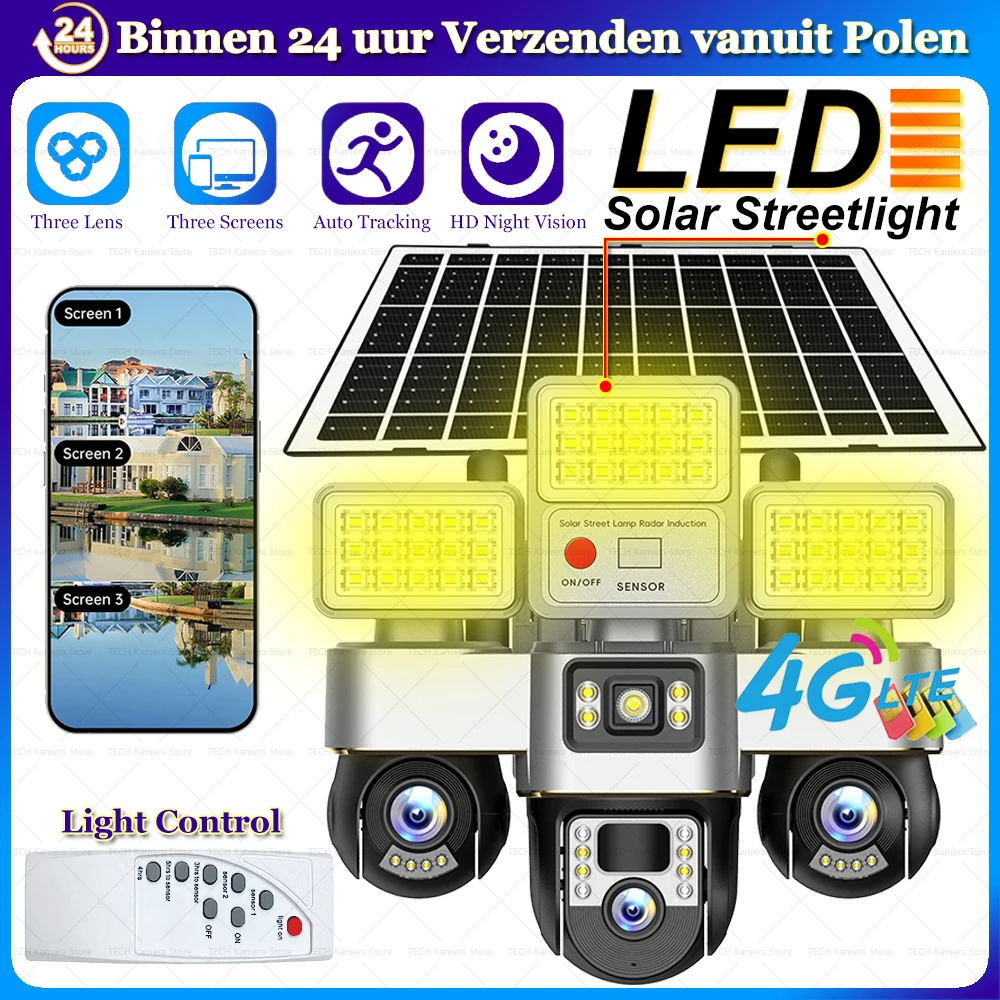 Caméras solaires 4G 2-en-1 avec panneau solaire 15W, batterie 16000mAh, éclairage public LED temporisé, surveillance IP, moniteur extérieur, maison intelligente, 3 objectifs, protection de sécurité, caméra de surveillance solaire 4G CCTV 1