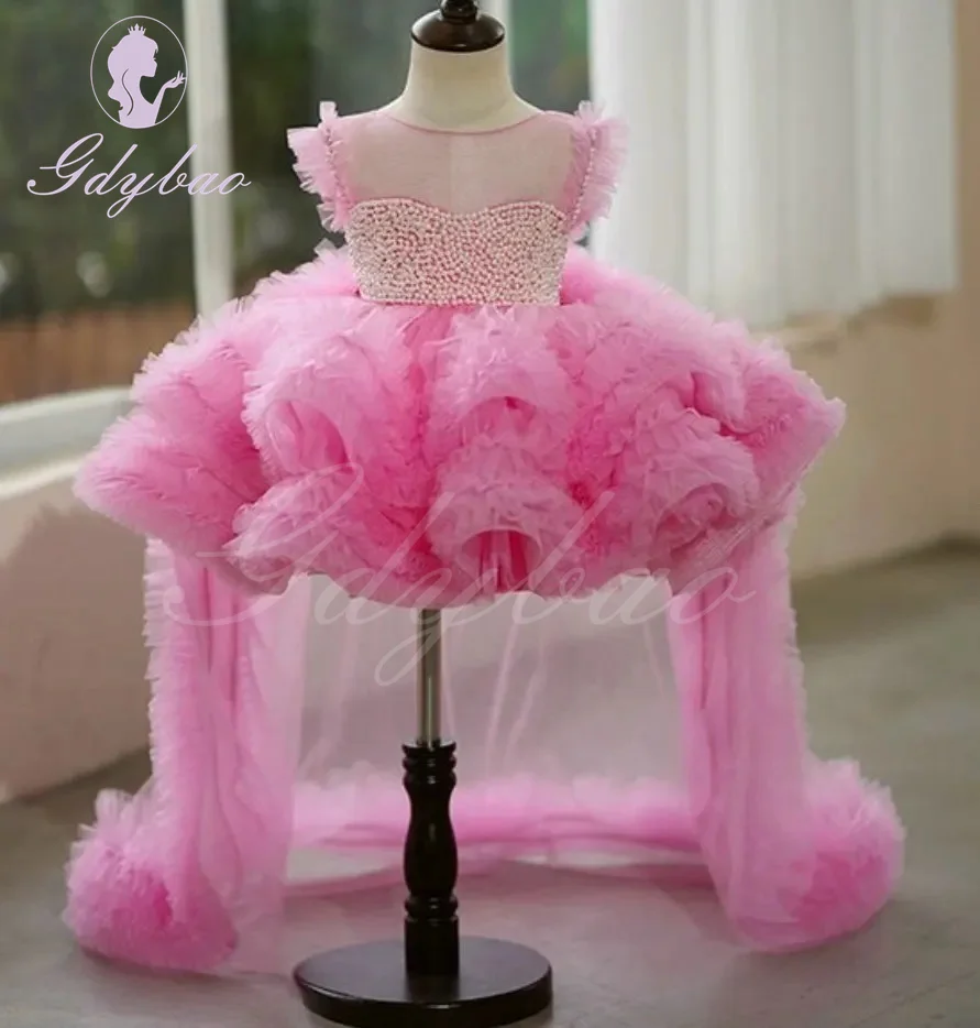 Robe de demoiselle d'honneur rose pour bébé fille, robe de Rhélégante, gonflée de perles, fête d'anniversaire pour enfants, mariage, première communion, princesse