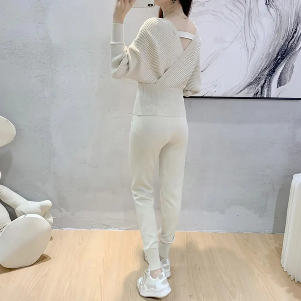 

Женские вязаные спортивные костюмы из двух предметов, свитер с v-образным вырезом, шаровары на шнурке, спортивные штаны, пуловер, свитер, комплект, вязаная верхняя одежда