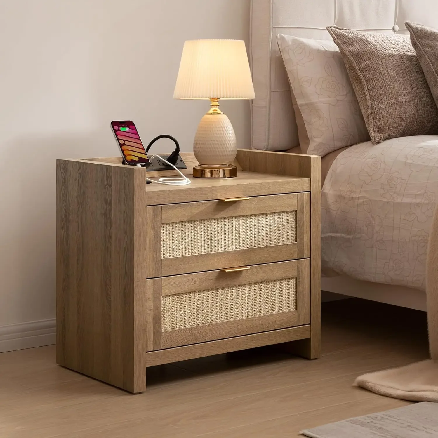 Rattan Nightstand End Table - Night Stand Bedside Table with Type-C Charging Station,2 Drawers Storage