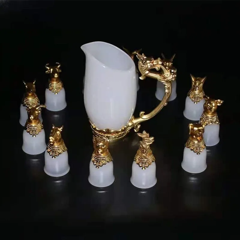 Retro Yuanmingyuan Zodiac Glazed Jade White Marble Baijiu Cup, Spirits Cup Wine Pot Restaurant Business Wine Set