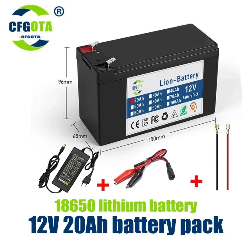 Batería de iones de litio mejorada, 12v, 20Ah, 18650, paquete de batería de litio para vehículo eléctrico, 9V- 12V, 25000mAh, BMS incorporado, 80A, alta corriente