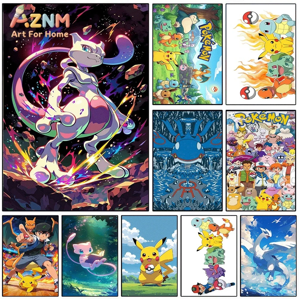 Anime Pokemon Mewtwo Cosmic Explosion Canvas Wall Art, Psychic‑type Pocket Monster Cartoon Frameless Canvas Painting for Kids