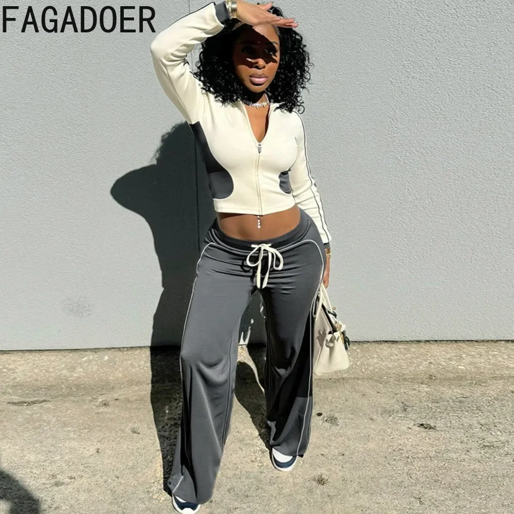 FAGADOER Spring 2025 New 2 Piece Sets Women Outfit Casual Color Blocks Zip Crop Top + Drawstring Pants Suits Streetwear Clothing