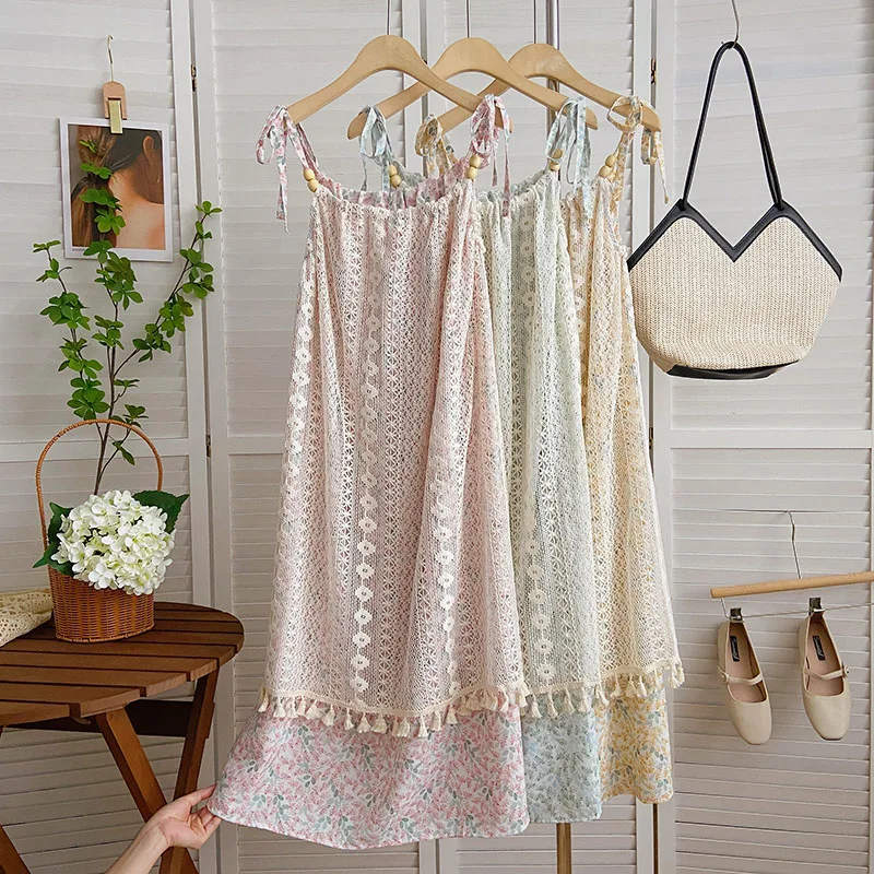 

Summer New French Style Seaside Vacation Slip Dress Lace Tassels Flower Mid Long Skirts Sweet Fake Two Pieces Beach Dresses