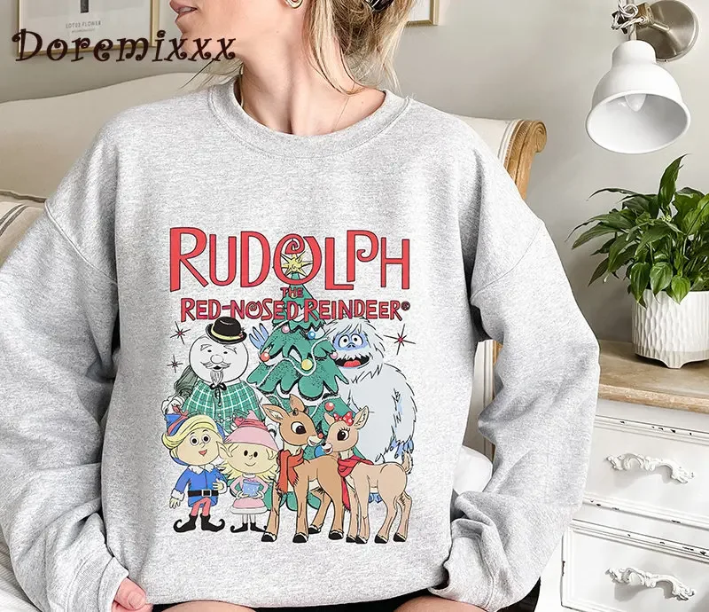 Rudolph The Red Nosed Reindeer Women Pullover Sweatshirt Long Sleeve Casual Sports Lady Oversized Hoodie Cute Christmas Hoodies