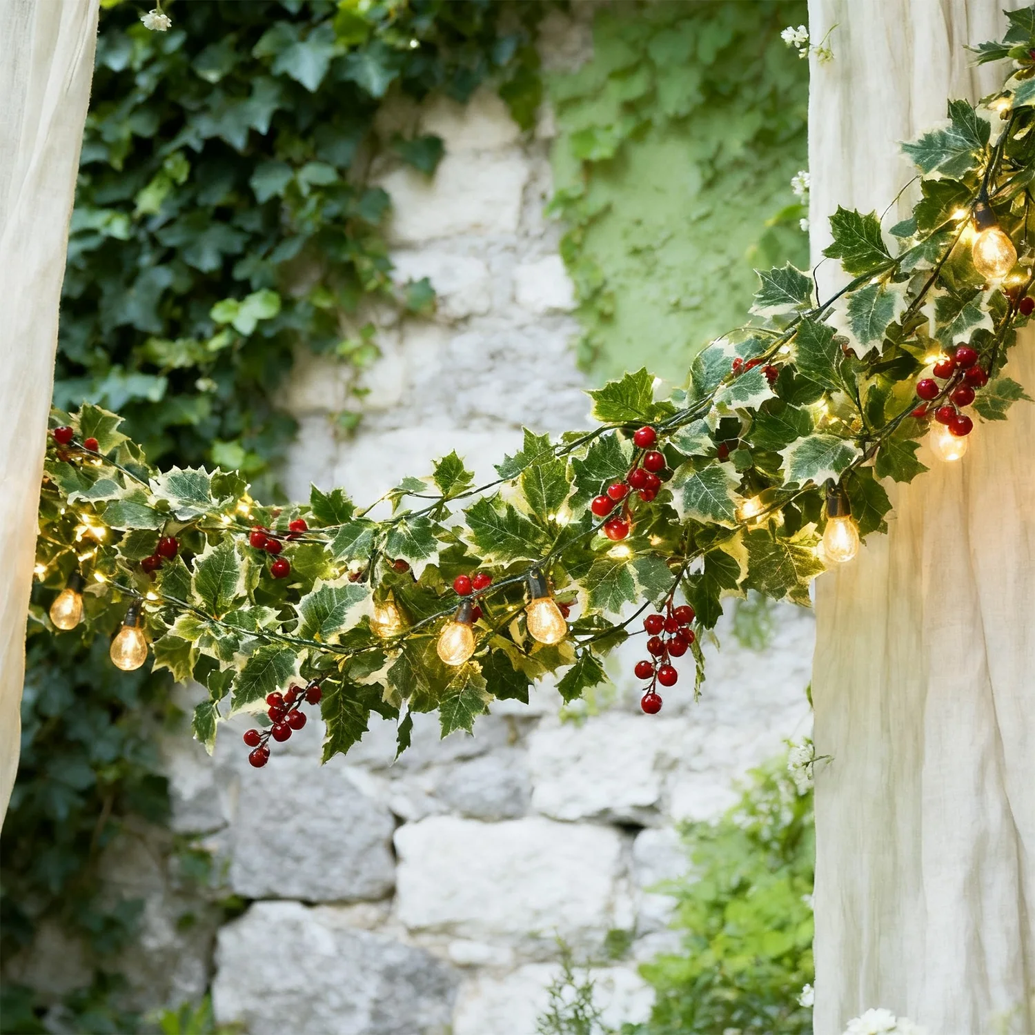 إكليل عيد الميلاد مع أضواء LED التوت الأحمر الزهور الاصطناعية طاولة النبات عيد الميلاد معلقة الروطان لتزيين درابزين الدرج