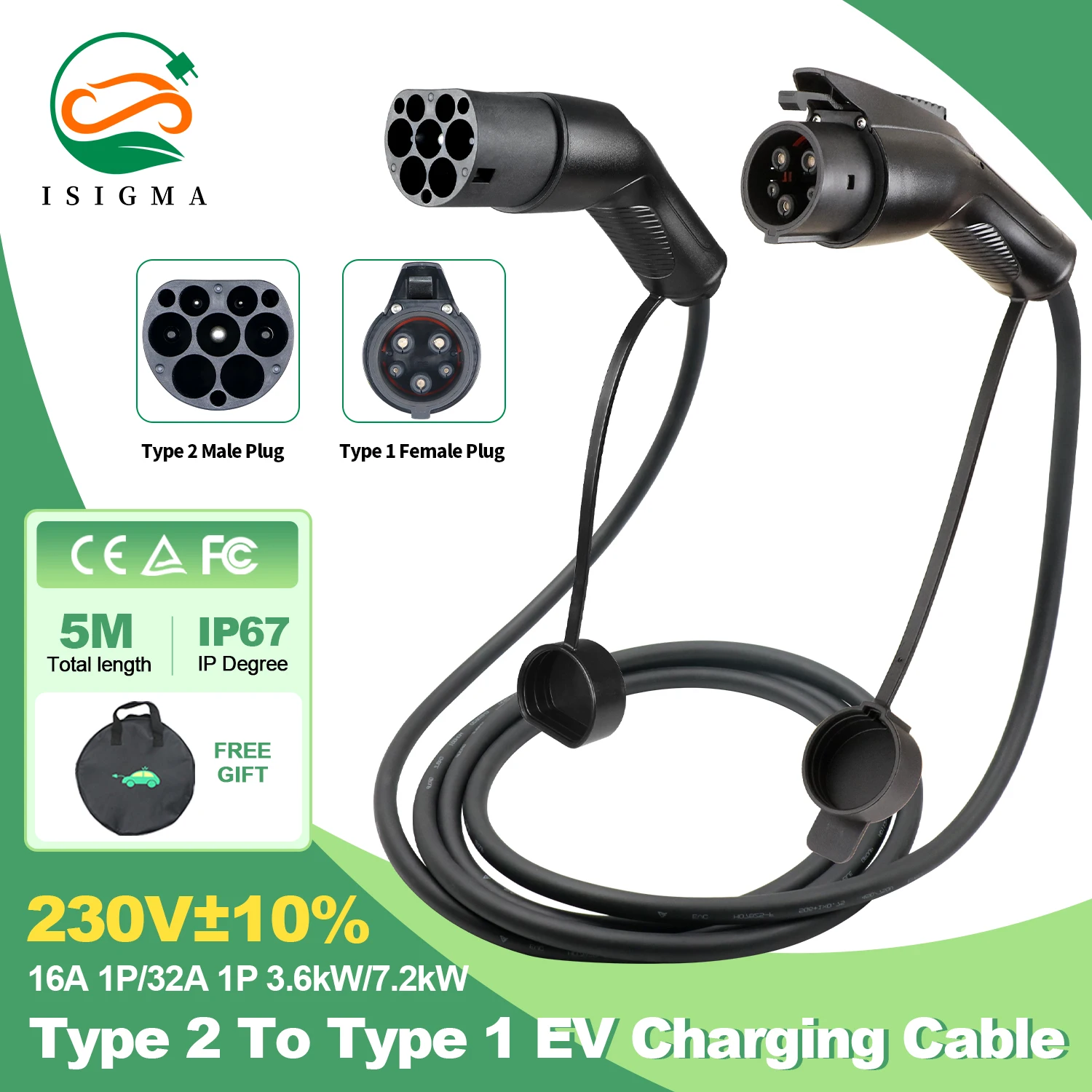 ISIGMA 16A 32A 1P IEC62196-2 Type2 إلى J1772 Type1 EV كابل شحن 5 متر لمحطة شحن السيارة الكهربائية #1