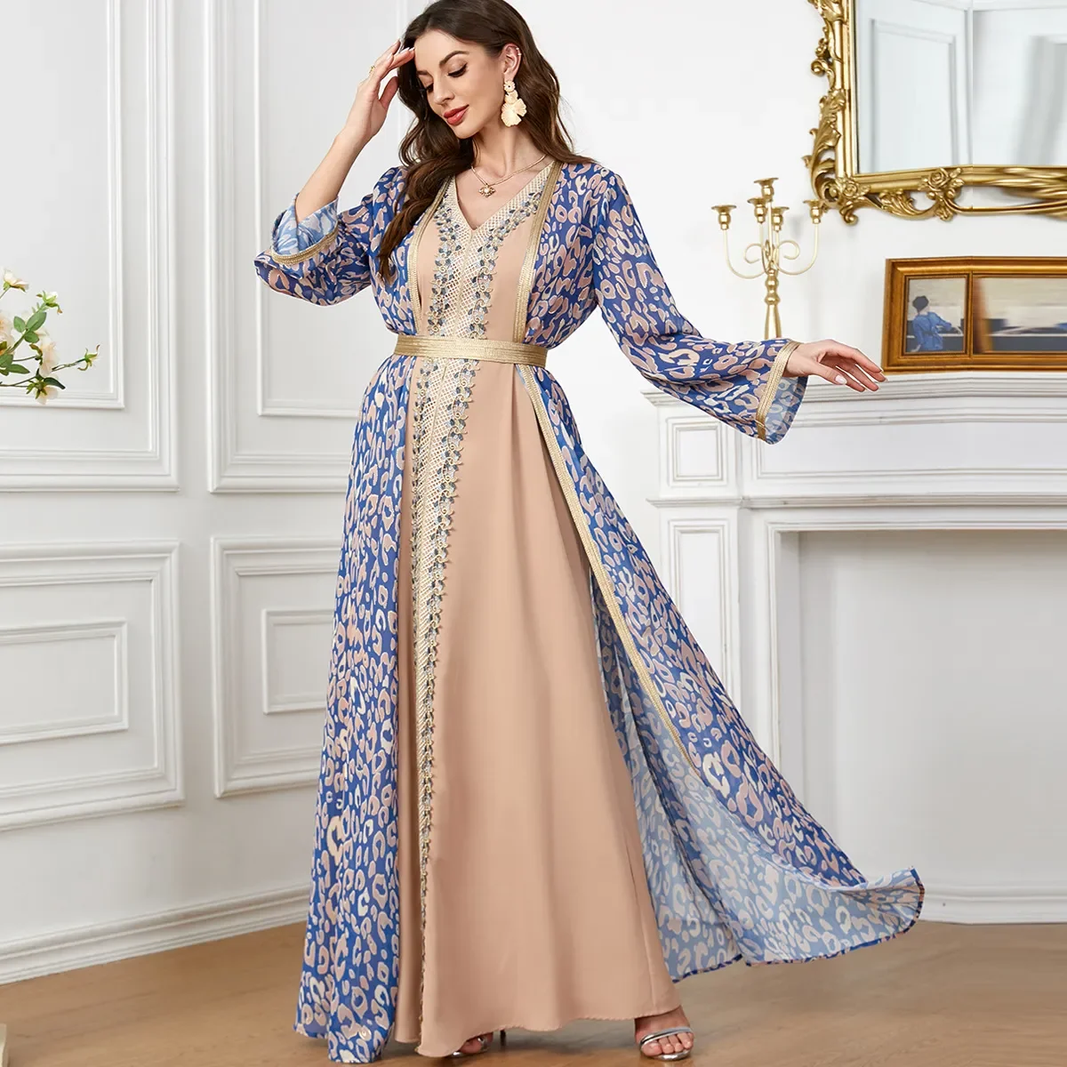 2023 Modest Muslim Mother of The Bride Dress A Line elegant V Neck long sleeves Chiffon Two Piece Tiers Wedding Guest Dresss