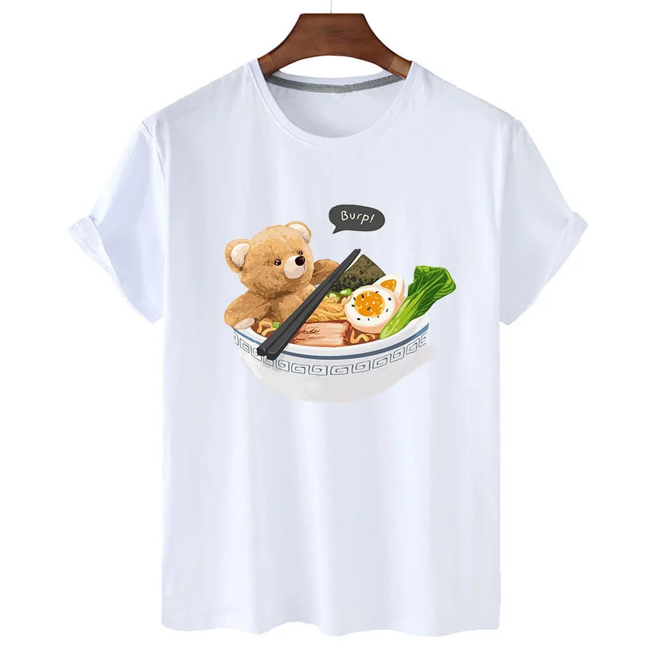 100% Cotton Noodle Bowl Bear Print Short Sleeve T-Shirt Women 2022 Summer Women's Casual T-Shirt Short Sleeve T-Shirt Men S-4XL