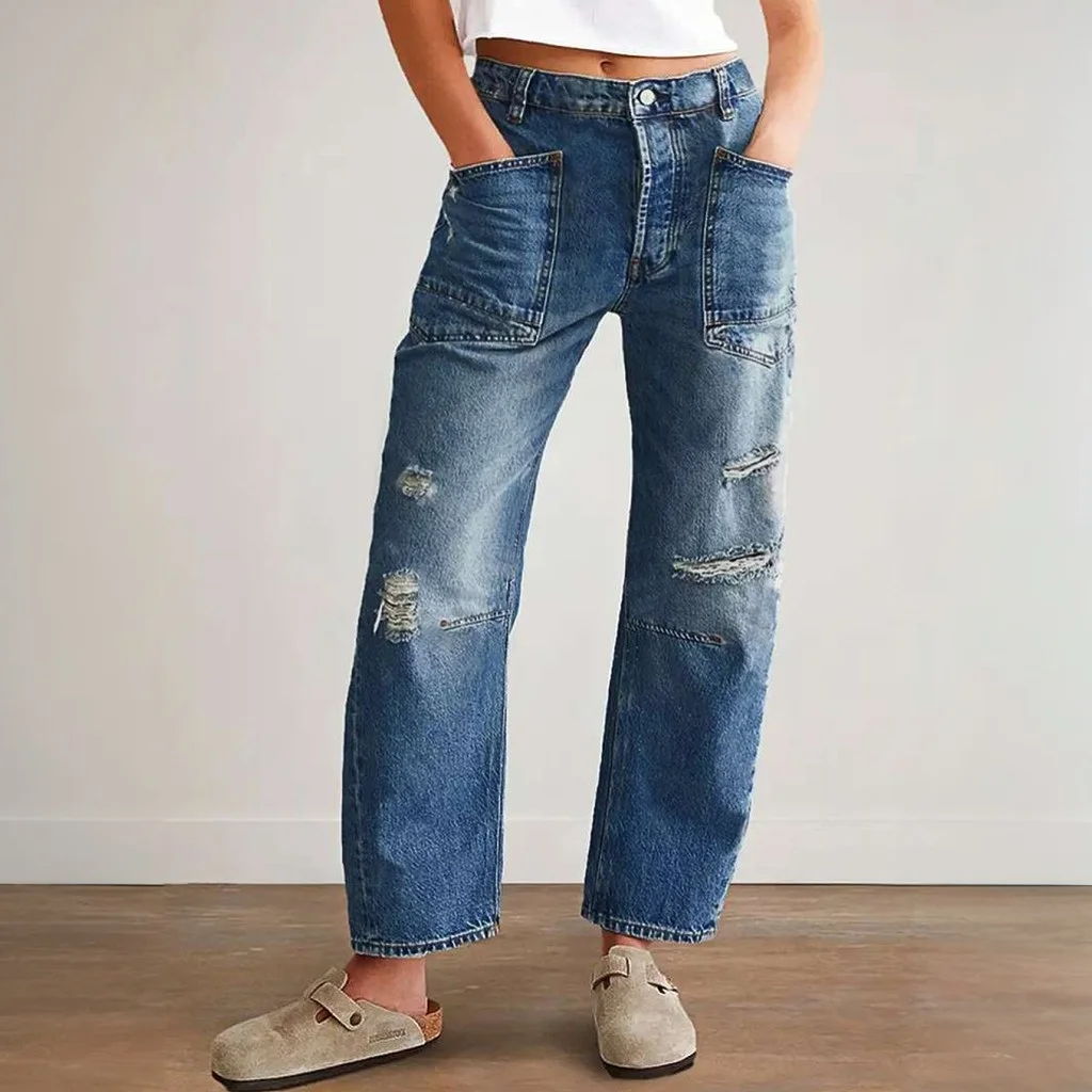 Jeans For Woman Y2k Jeans Distressed Wide Leg Trousers With Curved Hem Casual Loose Fit Comfort Stretch Denim Trendy 2025