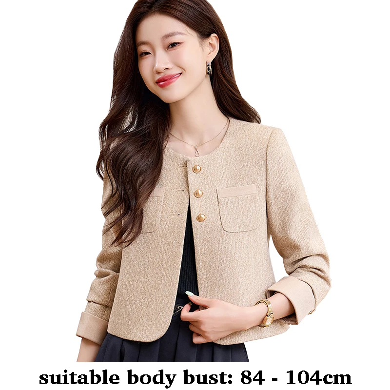 

High quality women short blazer long sleeve jacket O neck pocket autumn winter 2025 elegant office clothes brown beige