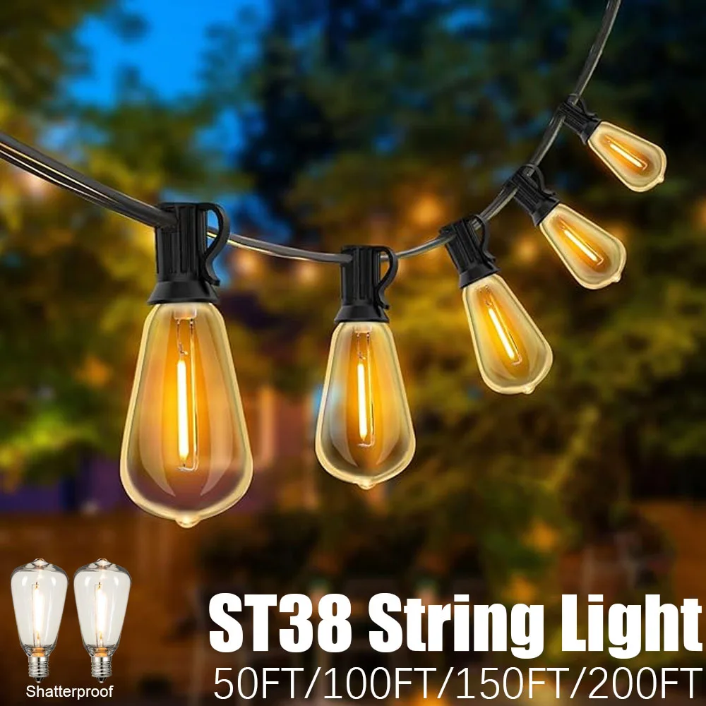 

ST38 String Lights Outdoor Garland Connectable Shatterproof Waterproof Plastic LED Bulb Dimmable Patio Garden Decor Fairy Lighst