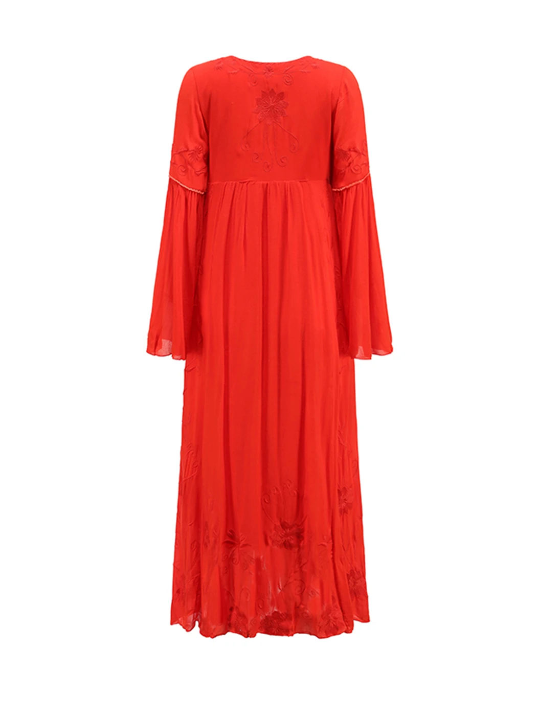 Jastie Boho 우아한 맥시 드레스 여성 솔리드 컬러 V 넥 벨 슬리브 루즈 헴 홀리데이 베스 티드 레트로 자수 비치 드레스