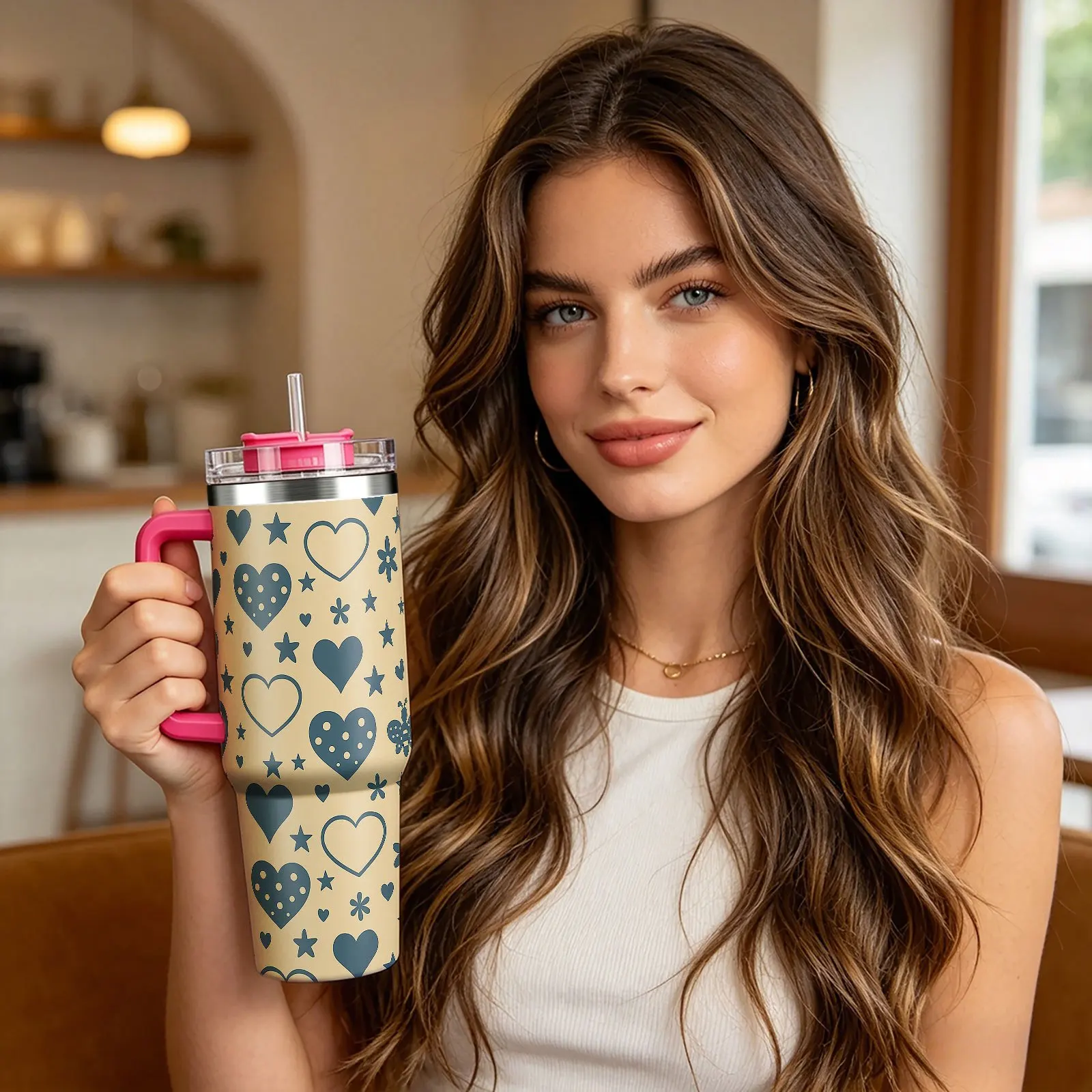 A 40oz Insulated Tumbler, Cold Drink Cup, and Mug Featuring a Multi-colored Handle Design with Heart, Star, Flower, and Bee Patterns on the Lid and Straw. Perfect for Home, Restaurant, Outdoor Sports, and Car Use. A Versatile Water Bottle