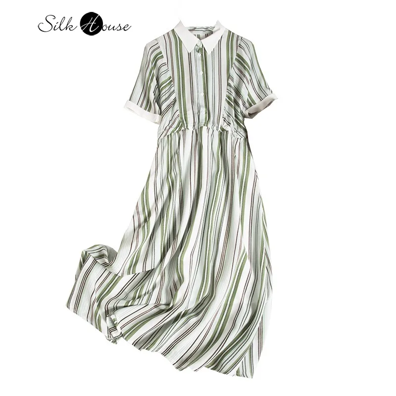 

Grass Green Striped Classic 100% Natural Mulberry Silk Crepe De Chine Elegant Skin Friendly Soft Breathable Short Sleeved Dress