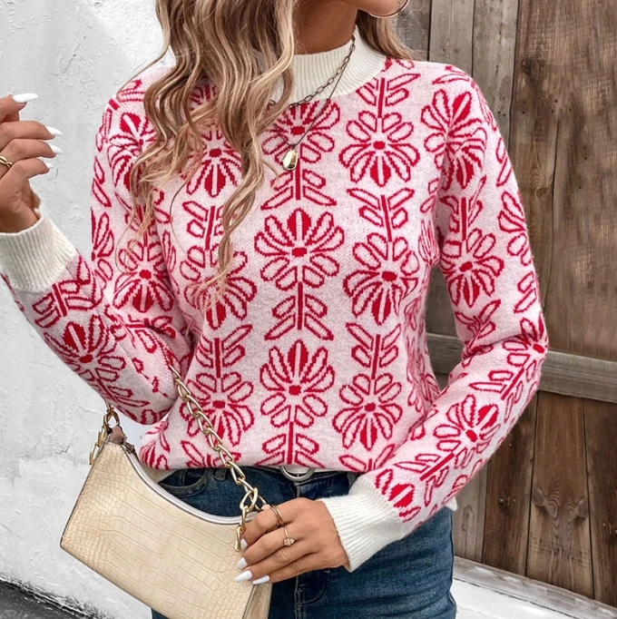 

Autumn New Sweaters Casua Retro and Elegant Sweater Half High Neck Knitted Sweater with Floral Jacquard Pink Sweater for Women