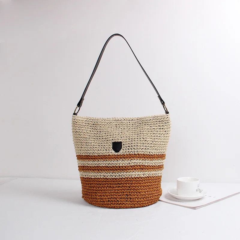 New Joker Striped Straw Bag Woven Bag Bucket Bag Women's Shoulder Hand Contracted Stripe Beach Vacation Packages