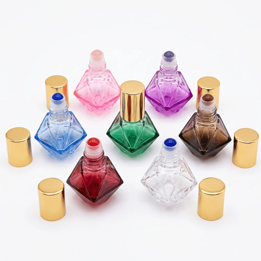 Diamond-shaped colored glass rolling ball essential oil bottle 7ml, perfume essence liquid rolling ball bottle